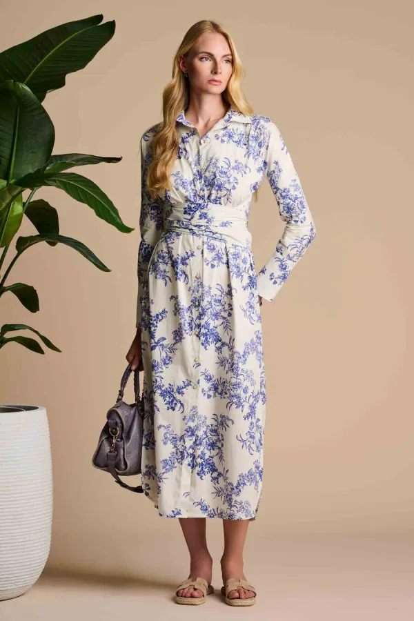 Coolibar Captiva 2.0 Shirt Dress Vanilla China Blue Damask