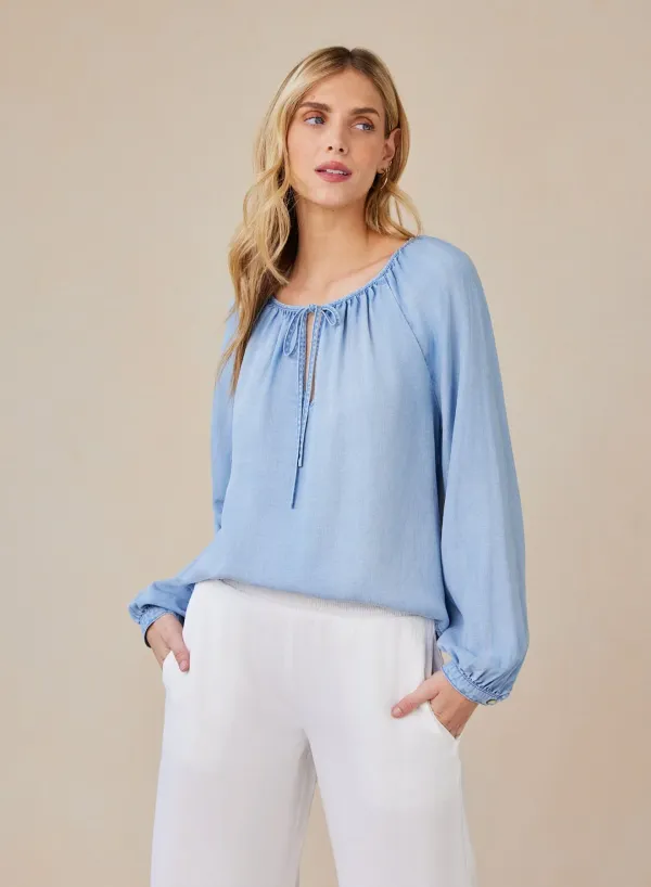 Bella Dahl Shirred Raglan Tie Front Top Coastal Spray Wash
