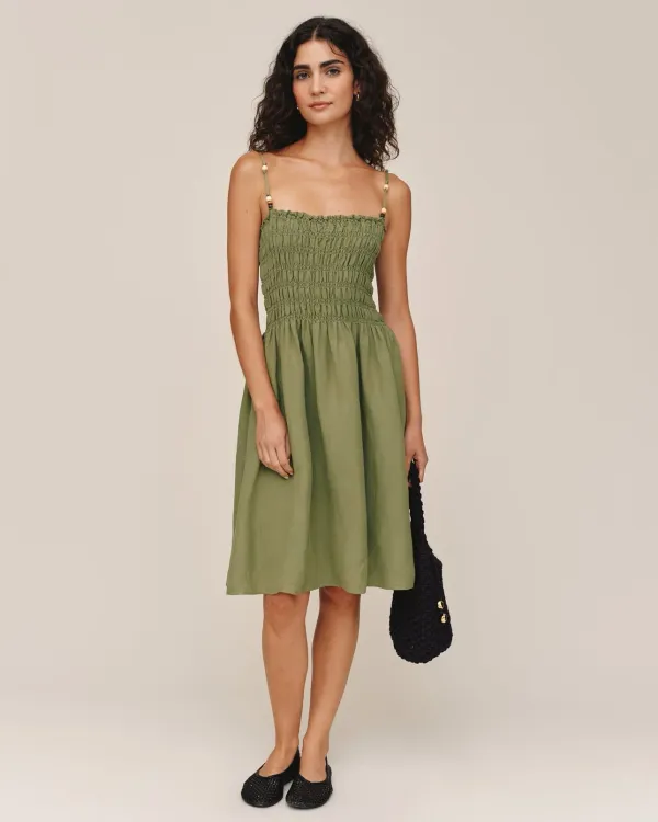 Bella Dahl Smocked Dress w/Beaded Straps Olive Leaf